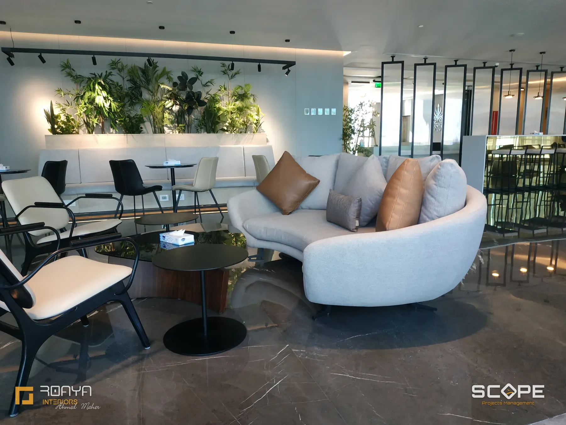 Lounge seating and planted partition in the Mountain View sales center
