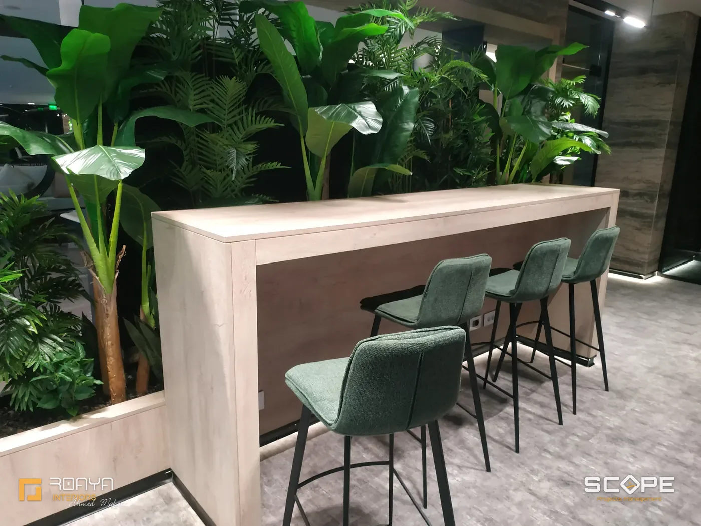 Reception desk and metal-framed partition