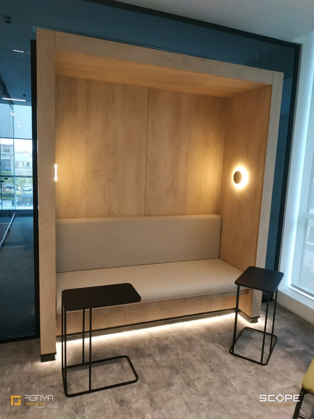 Timber-lined seating niche with integrated lighting
